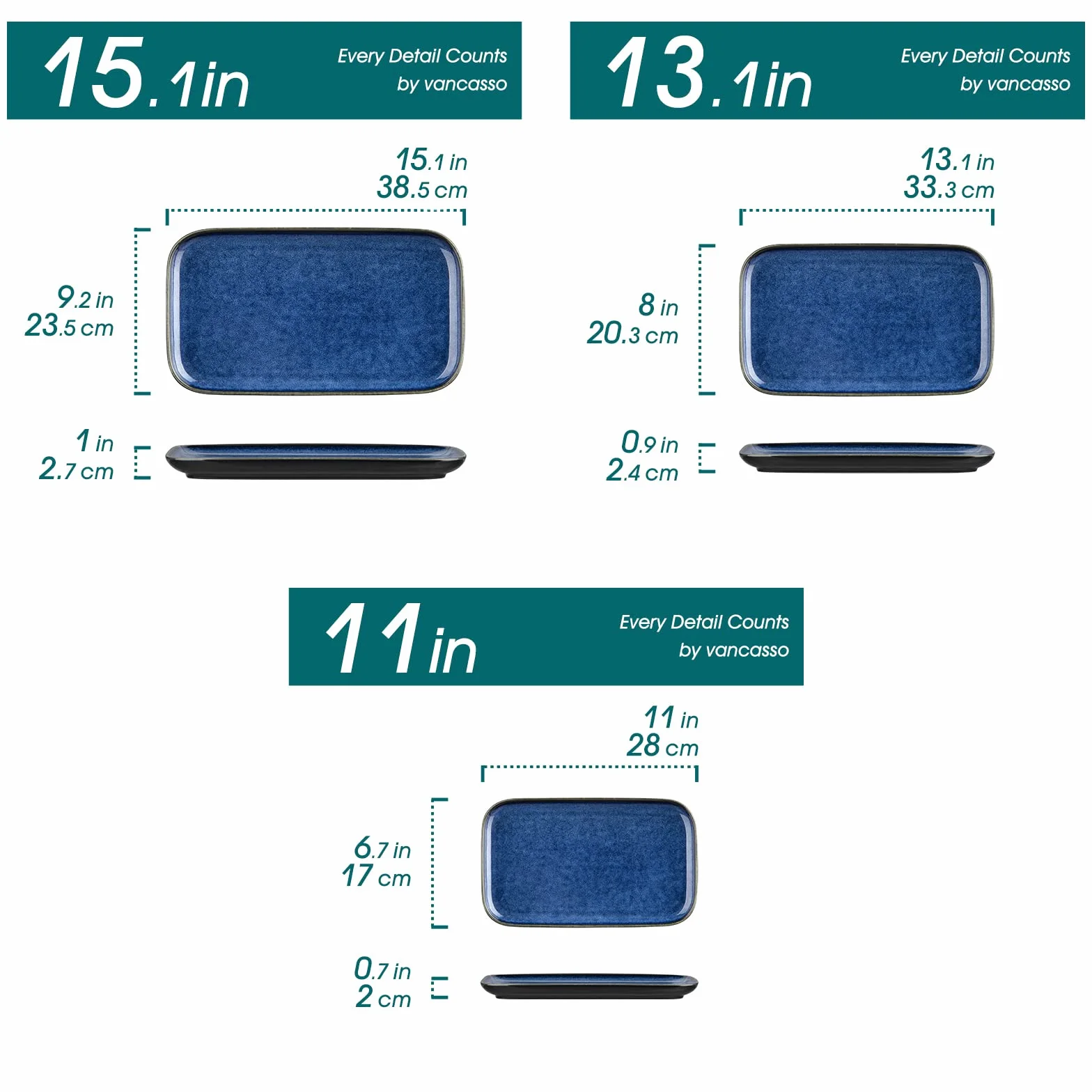 vancasso Ceramic Serving Platters Set de 3, 15/13/11 pulgadas Platos rectangulares de porcelana para la cena, fiesta