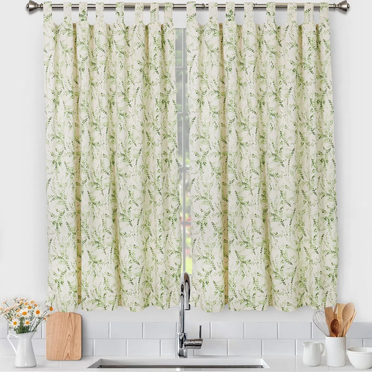 Viste tu hogar Pack 2 Cortina Cocina de Hojas Verde, Estilo Español con Tirantes, Tela Opaca Máxima Privacidad, Ideal para Ventanas de Cocina, 70% Algodón 30% Poliester, 140x145cm