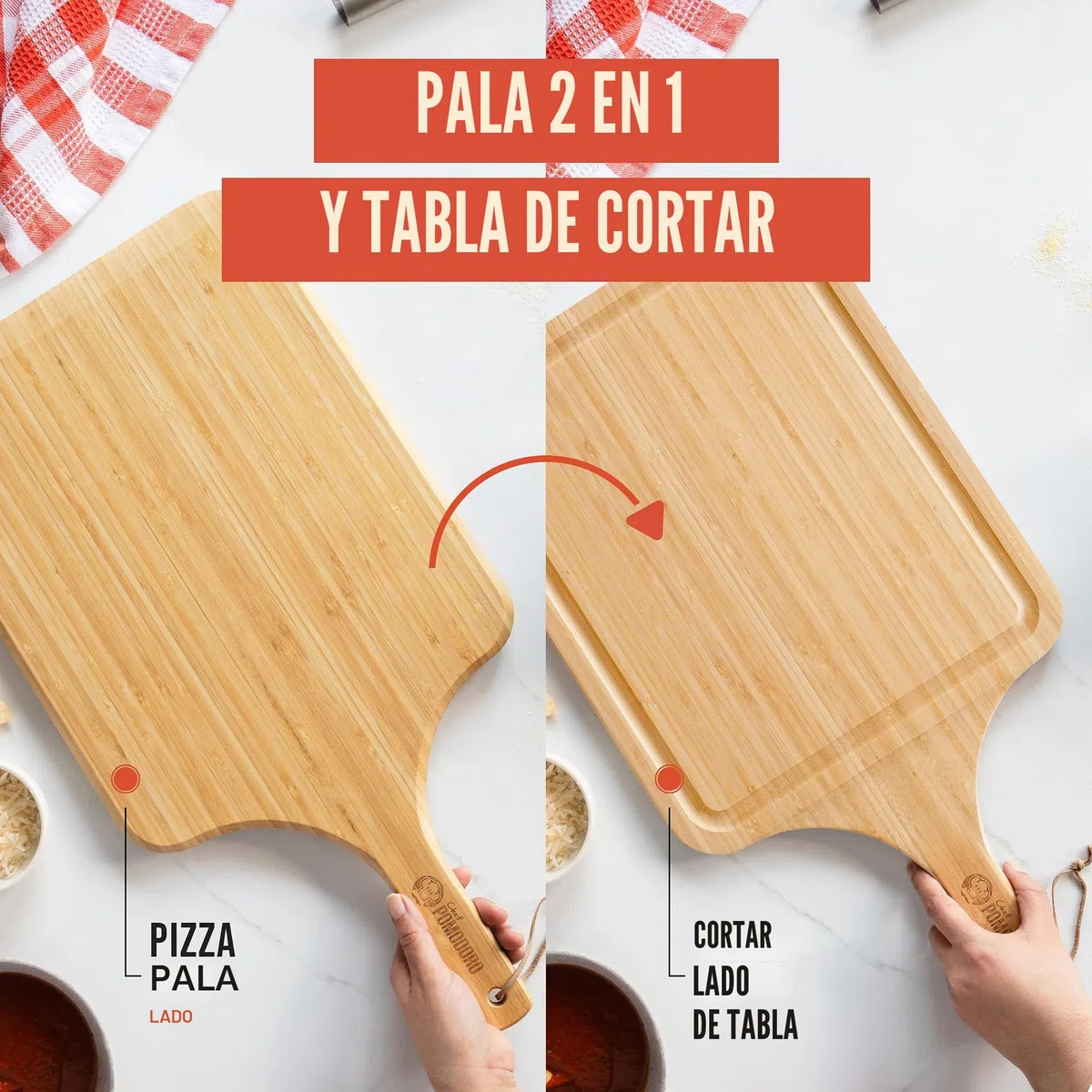 Chef Pomodoro Pala Pizza Bambú 2 en 1 - Tabla para Cortar y Servir | Pala para Pizza Fácil de Usar y Con un Diseño que No Ocupa Espacio 30,5 cm | Se Encaja con las Cajas para Masa
