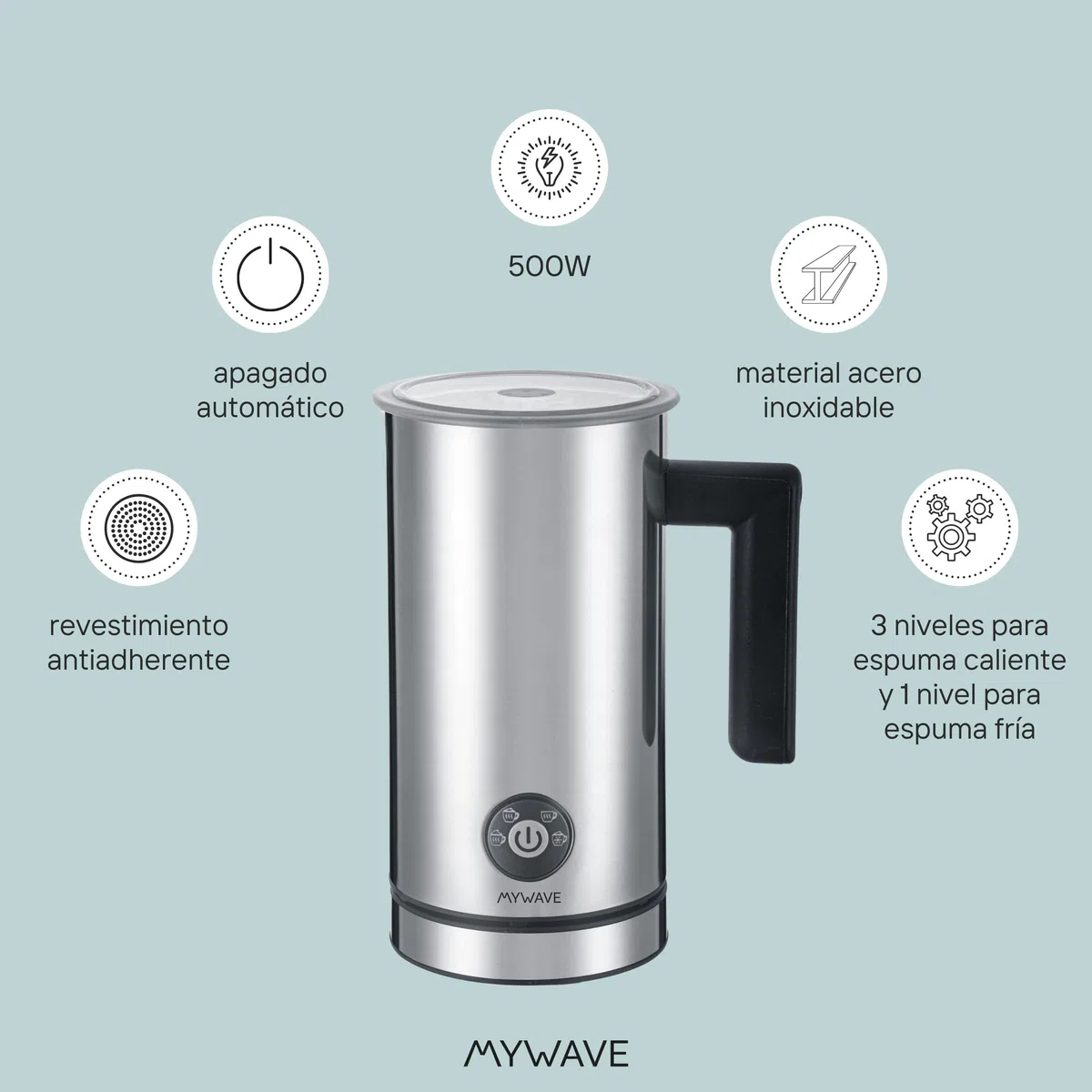 My Wave - Espumador y Batidora de Leche - Consigue la Espuma Óptima - Potencia 500W - Crea Espuma con 3 Niveles de Leche Caliente y 1 Nivel de Fría - ¡Espumador Eléctrico Ideal para Cafés y Batidos!