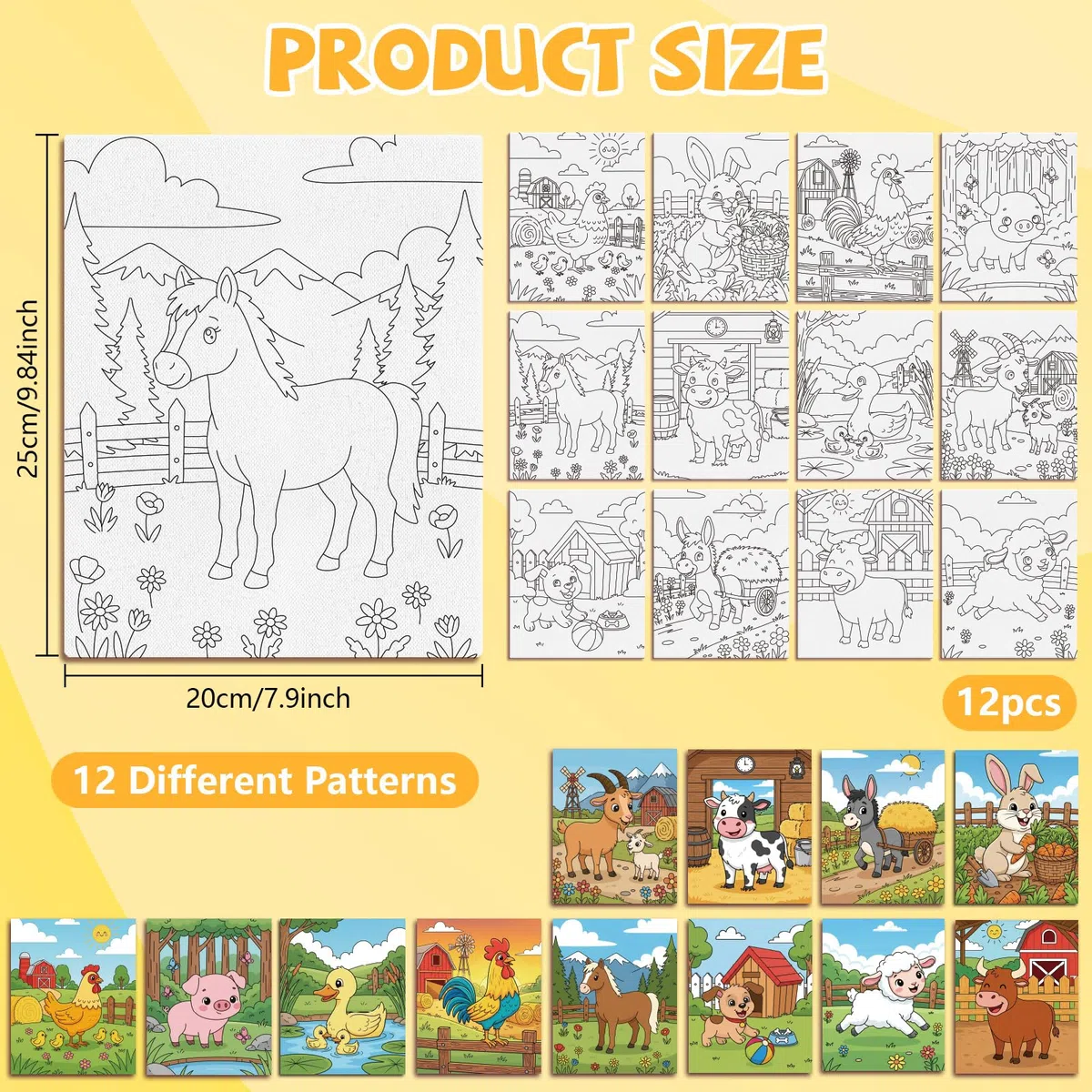 MAYJOYDIY 12 Piezas de Animales de Granja Pre Dibujados Lienzo para Pintar Conejo Zanahoria Lienzo Pre Impreso para Adultos 25×20cm Gallina Pato Suministros de Arte para Pintar DIY para Principiantes