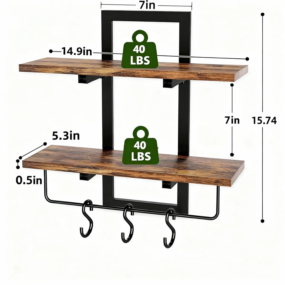 TRAYINDALY Estanteria Pared Madera de 2 Niveles, Baldas Flotantes Pared con Barra para Toallas y 3 Ganchos, Repisas de Pared Ideal para Dormitorio, Baño, Sala, Cocina, Oficina