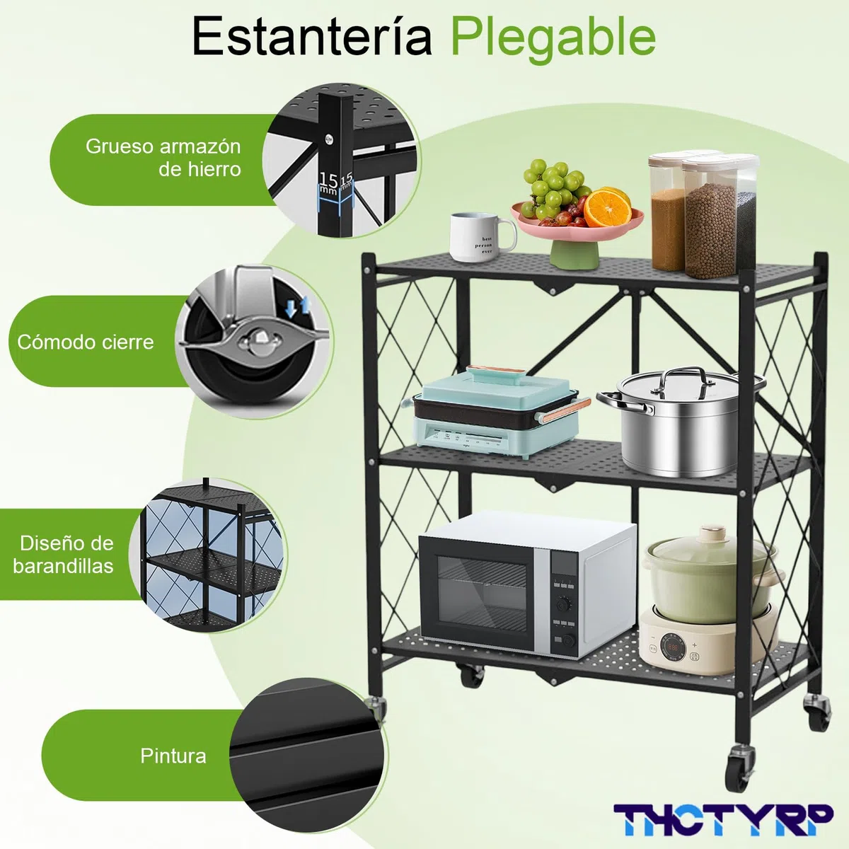 Estantería plegable de 3 niveles para cargas pesadas, carrito de almacenamiento con ruedas, 71,5 x 36,5 x 87 cm, estantería de metal