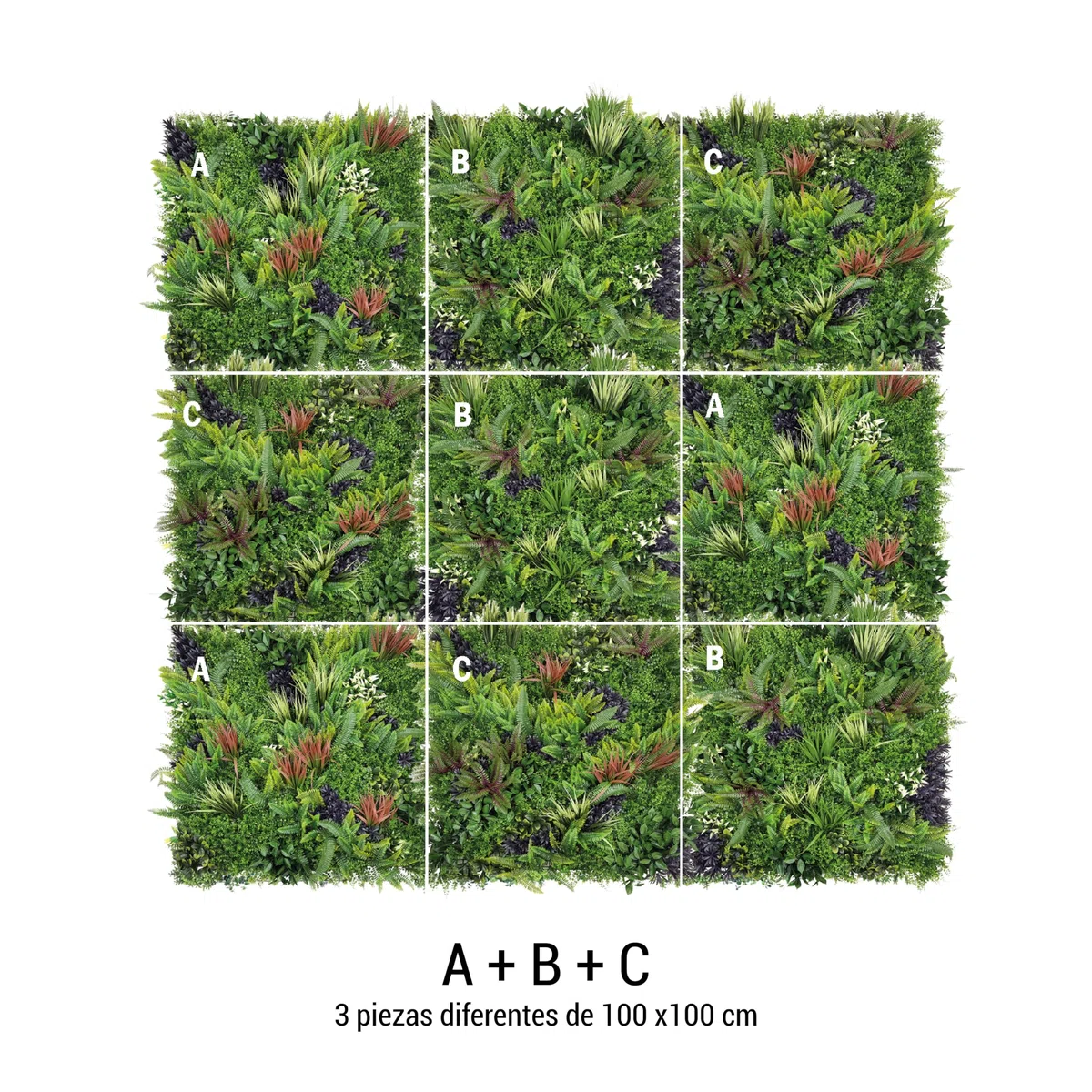 BONERVA | Jardín Vertical Artificial Amazonas | Pack 3 Piezas 100x100 Cm (3m²) | Planta Artificial Decorativa para hogar, Oficina, Hotel, Restaurante, etc. | MAL1218