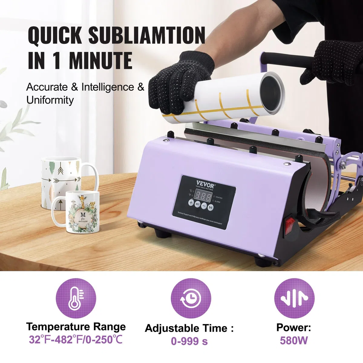 VEVOR Prensa Térmica para Vasos de 325-887 ML con Papel de Sublimación, Cinta y Guantes, Ajuste de Temperatura y Tiempo para Vasos, Tazas y Jarras de Sublimación, Morado