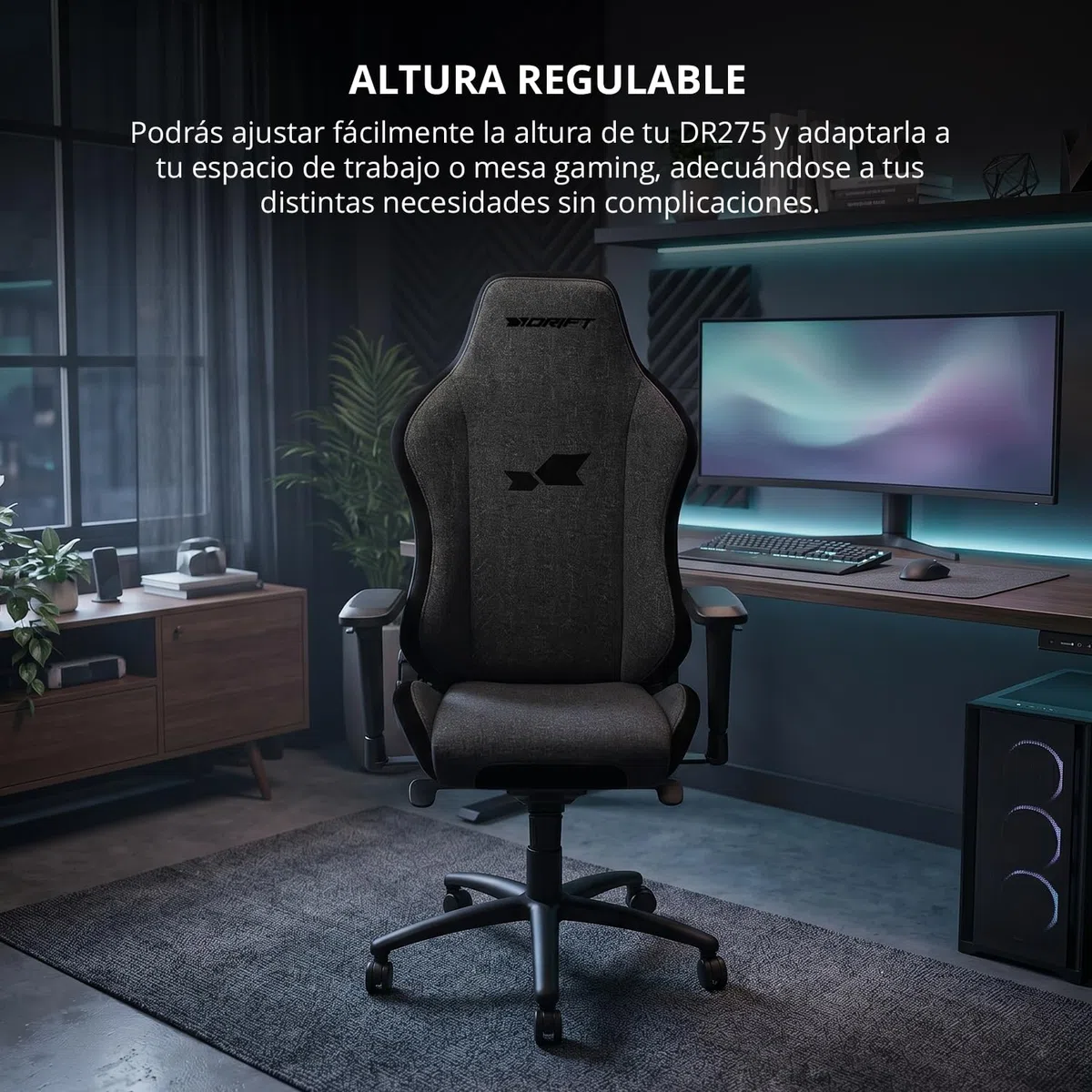 Drift Gaming DR275 - Silla Gaming Profesional, Material Tela con Acabado de Terciopelo, reposabrazos Ajustables 4D, pistón Clase 4, giratoria, Mecanismo Frog, Color Negro