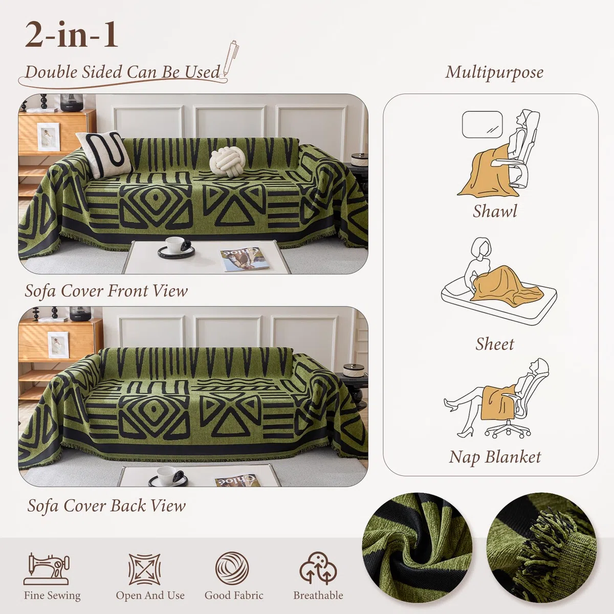 Bohemio Mantas para Sofa, Jarapas para Sofas, Funda de Sofá para Todas Las Estaciones, Colcha Multiusos para Sofas,Adecuada para Sofás, Camas, Viajes Al Aire Libre 180 * 260cm-Verde Oscuro