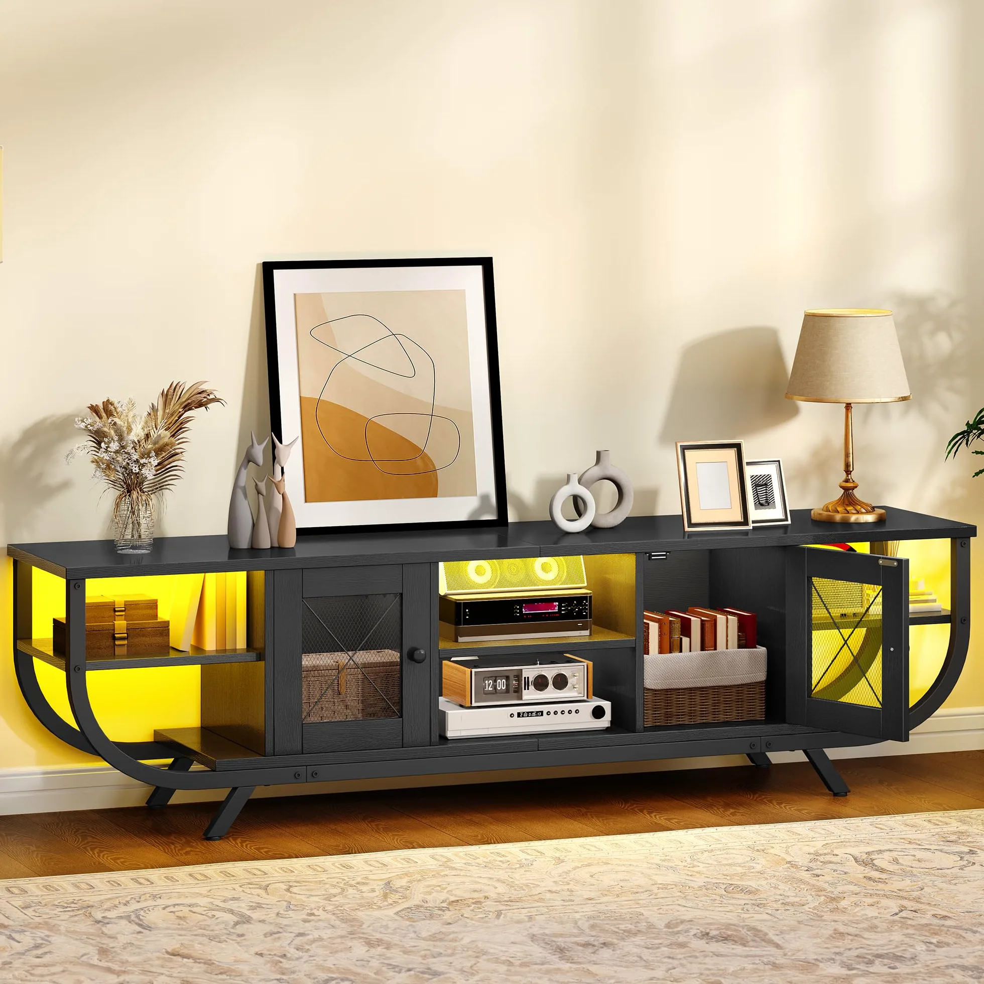 YITAHOME Industrial Mueble de TV, Mesa de TV de hasta 65 Pulgadas, 160 cm Mueble TV Salon con LED, Estantes Abiertos Centro de Entretenimiento Alto para Salón, Dormitorio, Negro