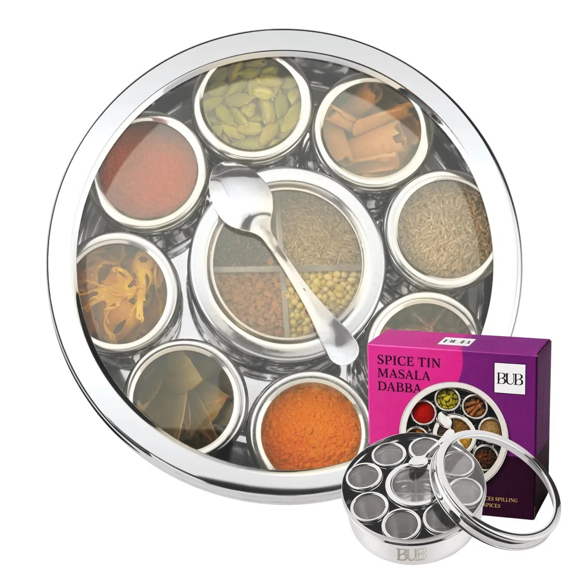 Bub: Lata grande de especias Masala Dabba de 22 cm, 9 tarros de especias con tapas individuales, capacidad para 12 especias, acero inoxidable pulido con cuchara para servir y tapas acrílicas