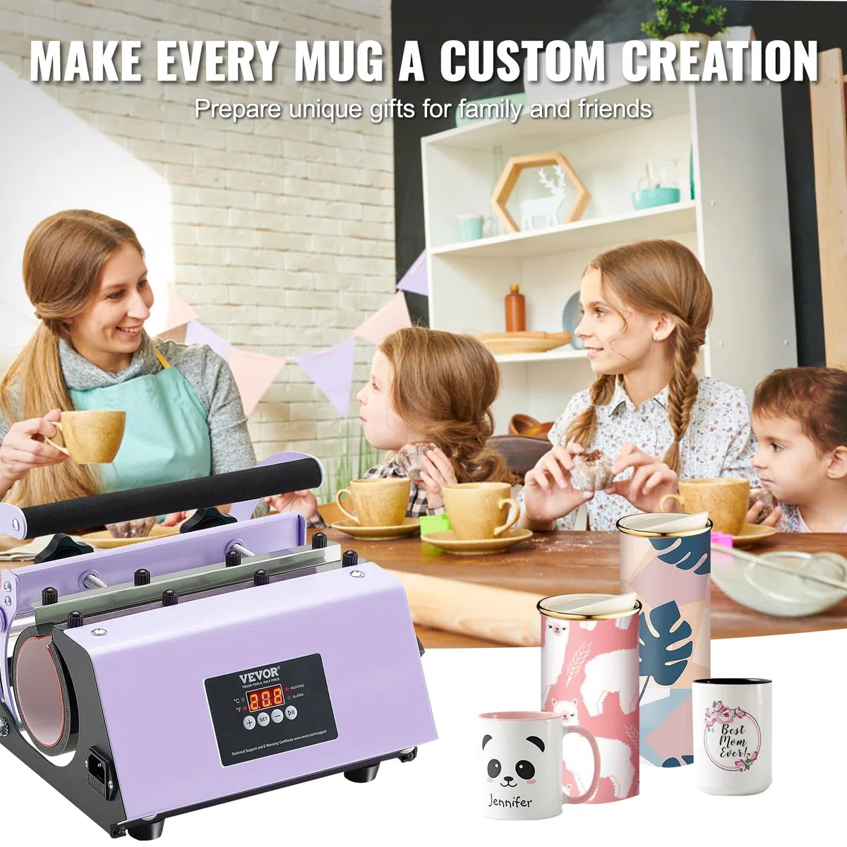 VEVOR Prensa Térmica para Vasos de 325-887 ML con Papel de Sublimación, Cinta y Guantes, Ajuste de Temperatura y Tiempo para Vasos, Tazas y Jarras de Sublimación, Morado