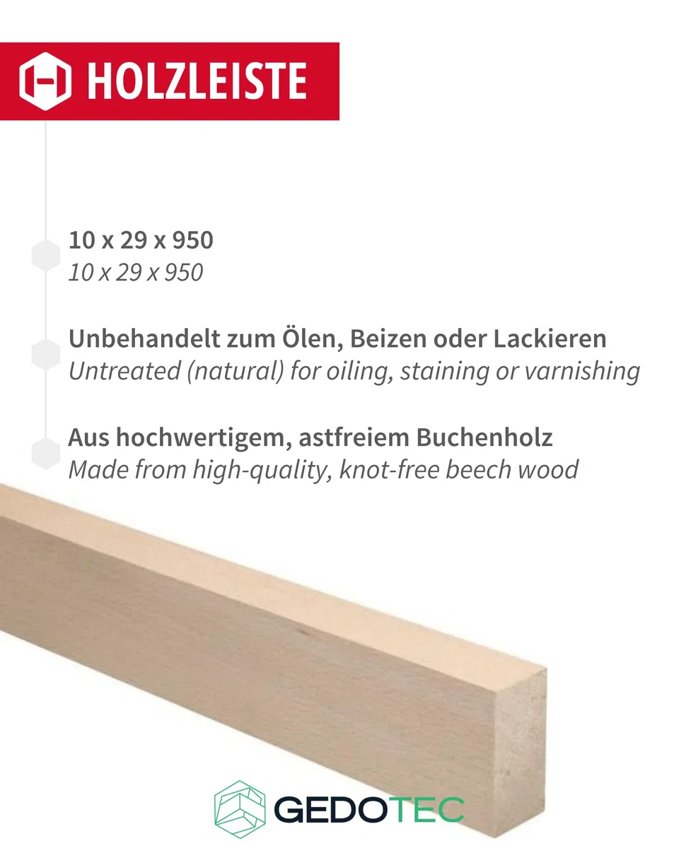 Gedotec Listones de madera de haya para manualidades y construcción - 95 cm | juego de 10 10x29x950 mm | BASIC | Listón para bricolaje y muebles - haya sin tratar y sin nudos