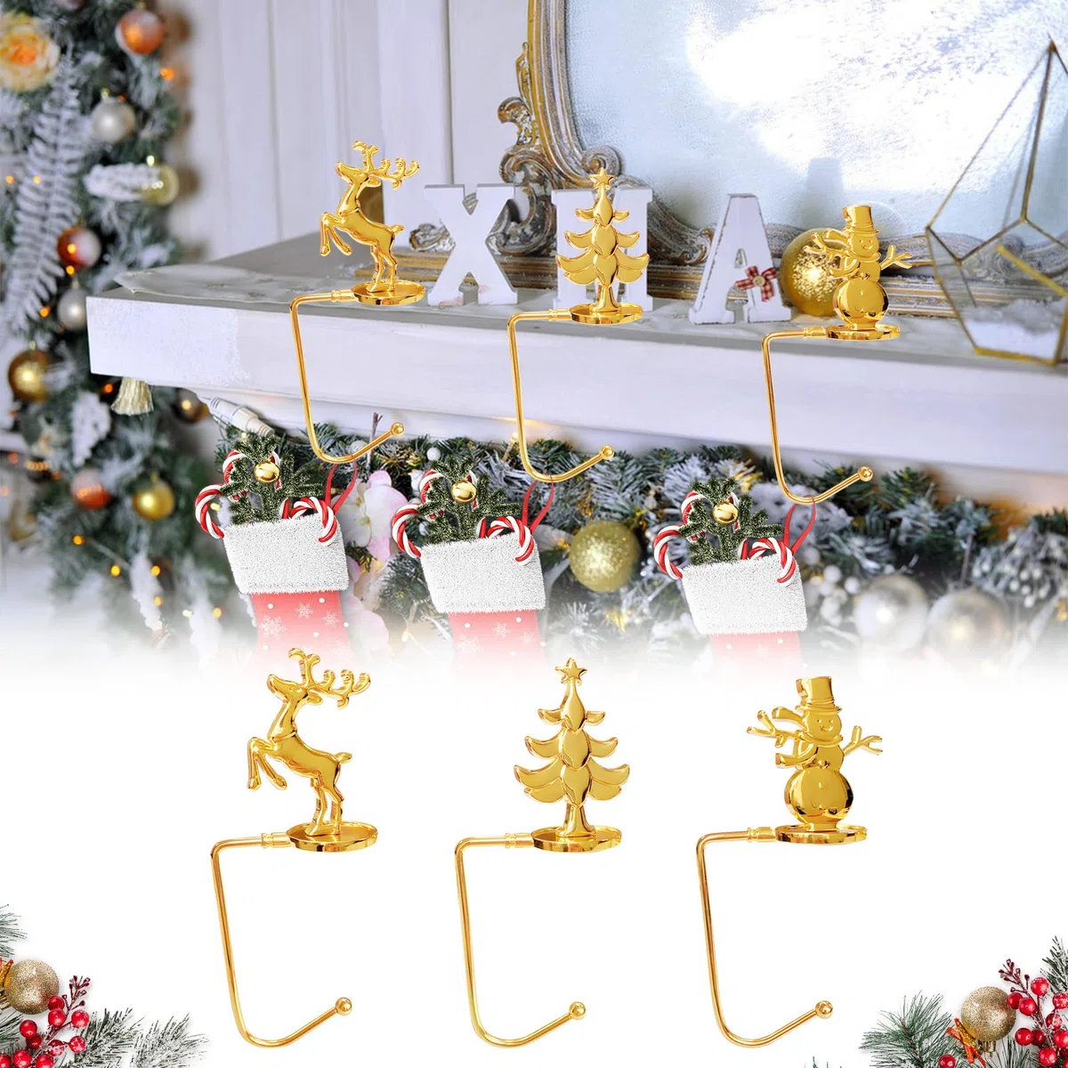 Juego de 3 soportes para medias navideñas, ganchos para chimenea, soportes para calcetines navideños, ganchos navideños, para chimenea y mesa, decoración de calcetines navideños