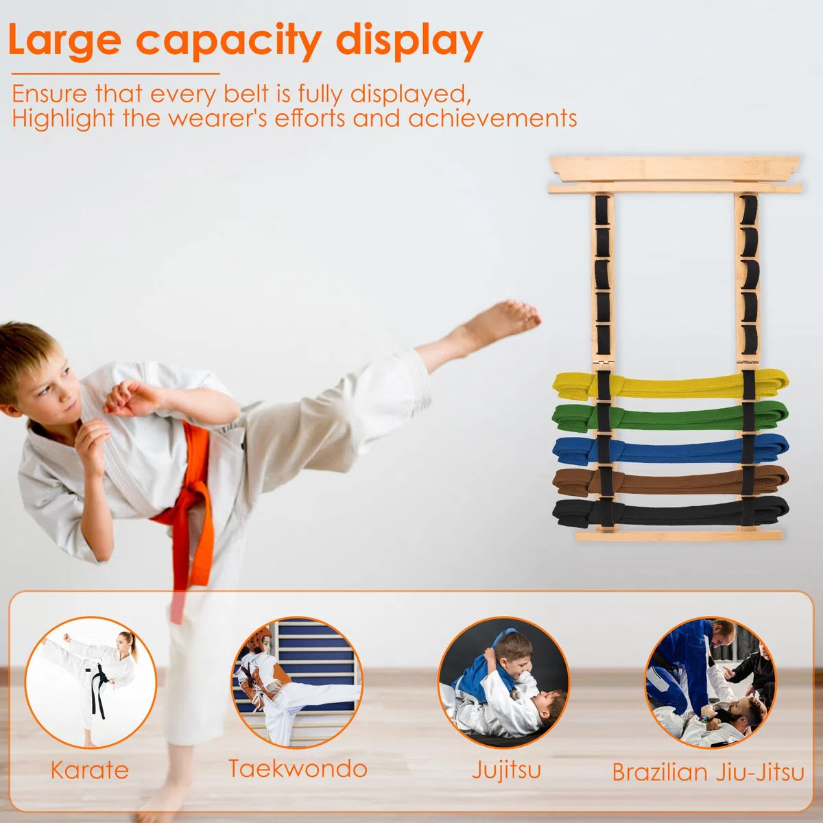 Soporte para cinturón Karate - 12 cinturones,Almacenamiento de cinturón de artes marciales de madera con colgador de medallas y pegatinas,Cinturón de artes marciales de madera,Equipo para