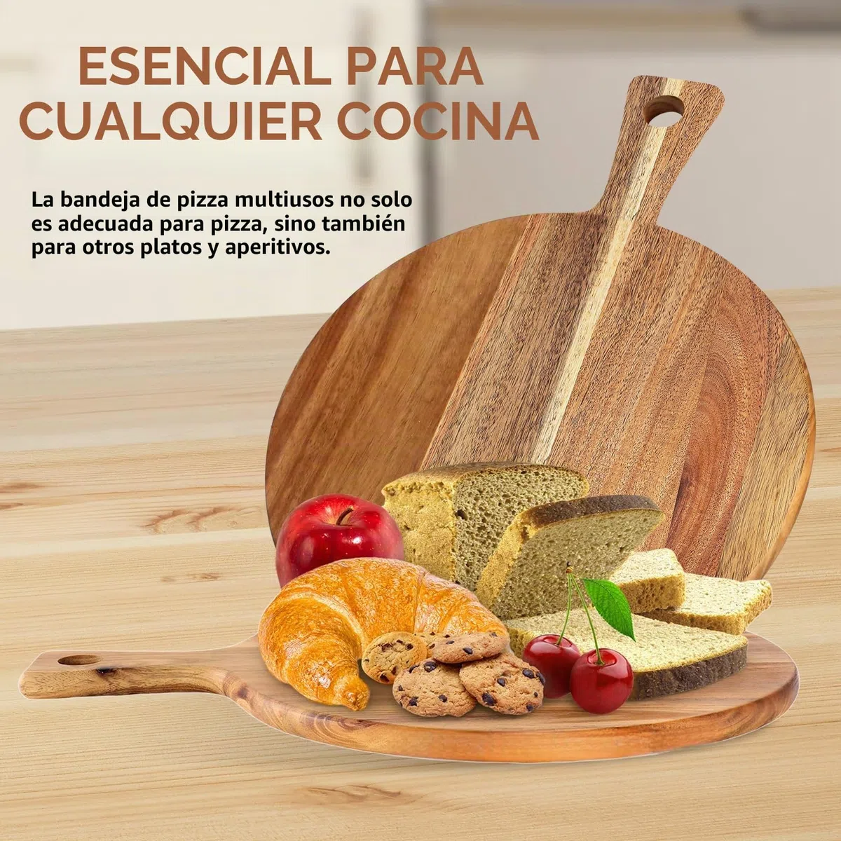 Juego de 2 platos de pizza de madera, tabla redonda de 30 cm con asa, tabla de cortar para pizza, pan, queso, charcuteria, tartas flameadas y pasteles
