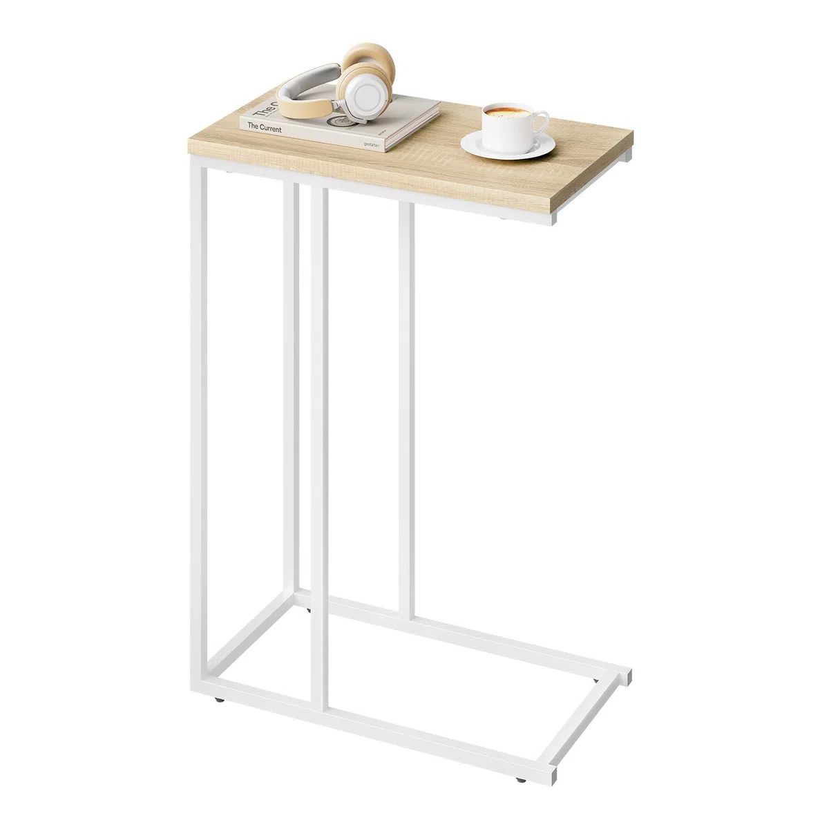 WOLTU Mesa Auxiliar Forma C, Mesita de Sofá, Mesita Auxiliar para Salon y Dormitorio, Mesa Pequeña con Estructura de Metal, Roble Claro+Negro, TSG17hei