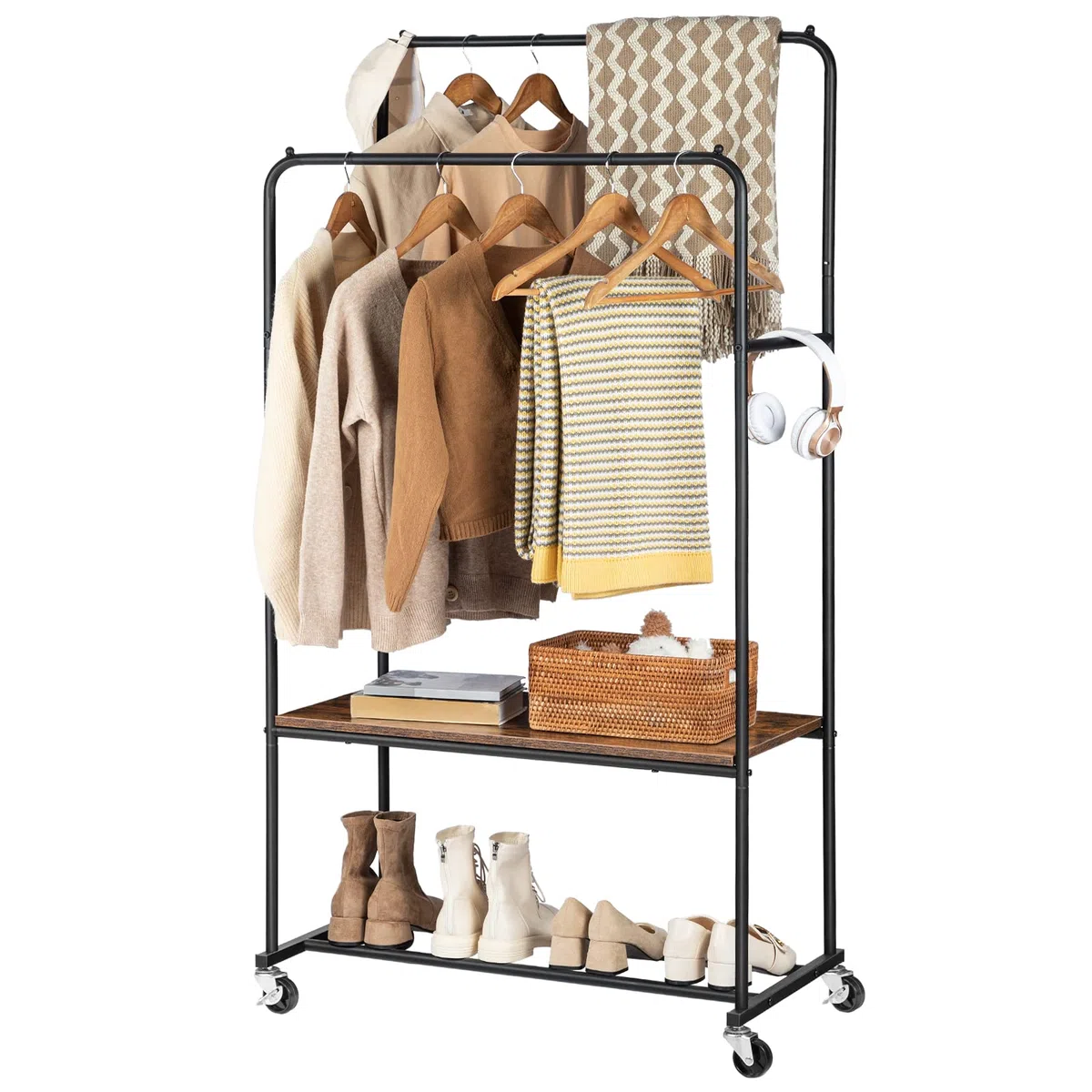 HOOBRO Perchero Burro Doble, Burro Ropa con Ruedas, Perchero Industrial con Estante, Perchero Burro Ropa Resistente, para el Dormitorio, Vestidor, Industrial, Marrón Rústico y Negro EBF22LY01