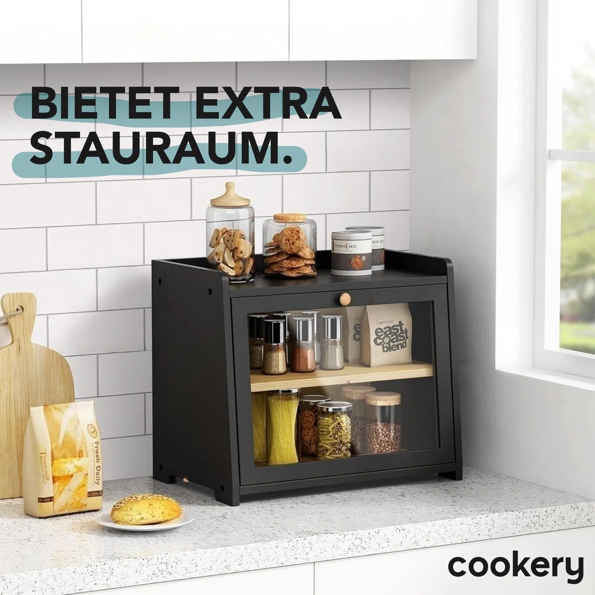 Cookery Panera de madera con 2 niveles para almacenamiento de pan de bambú, caja de pan grande, 2 pisos (negro)