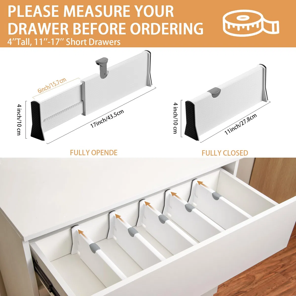 Cinnani Separadores de Cajones Ajustables, Juego de 5 Separador Cajones de Plástico, Extensible de 27,8 cm a 43,5 cm, Divisorias para Gavetas, Organizador Cajones Separador para Cocina, Baño, Oficina